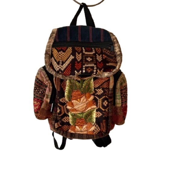 Bohemian Woven Mini Backpack with Embroidered Floral Tapestry - Picture 1 of 7